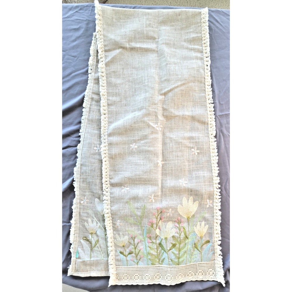 New Table Runner Spring Floral Easter Tassle Lace Linen Look Farmhouse Cottage